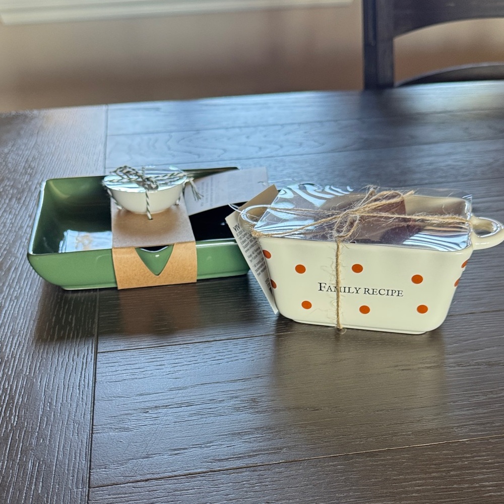 Hostess Gift Green and White Ceramic Baking Dish Set mini loaf and skillet